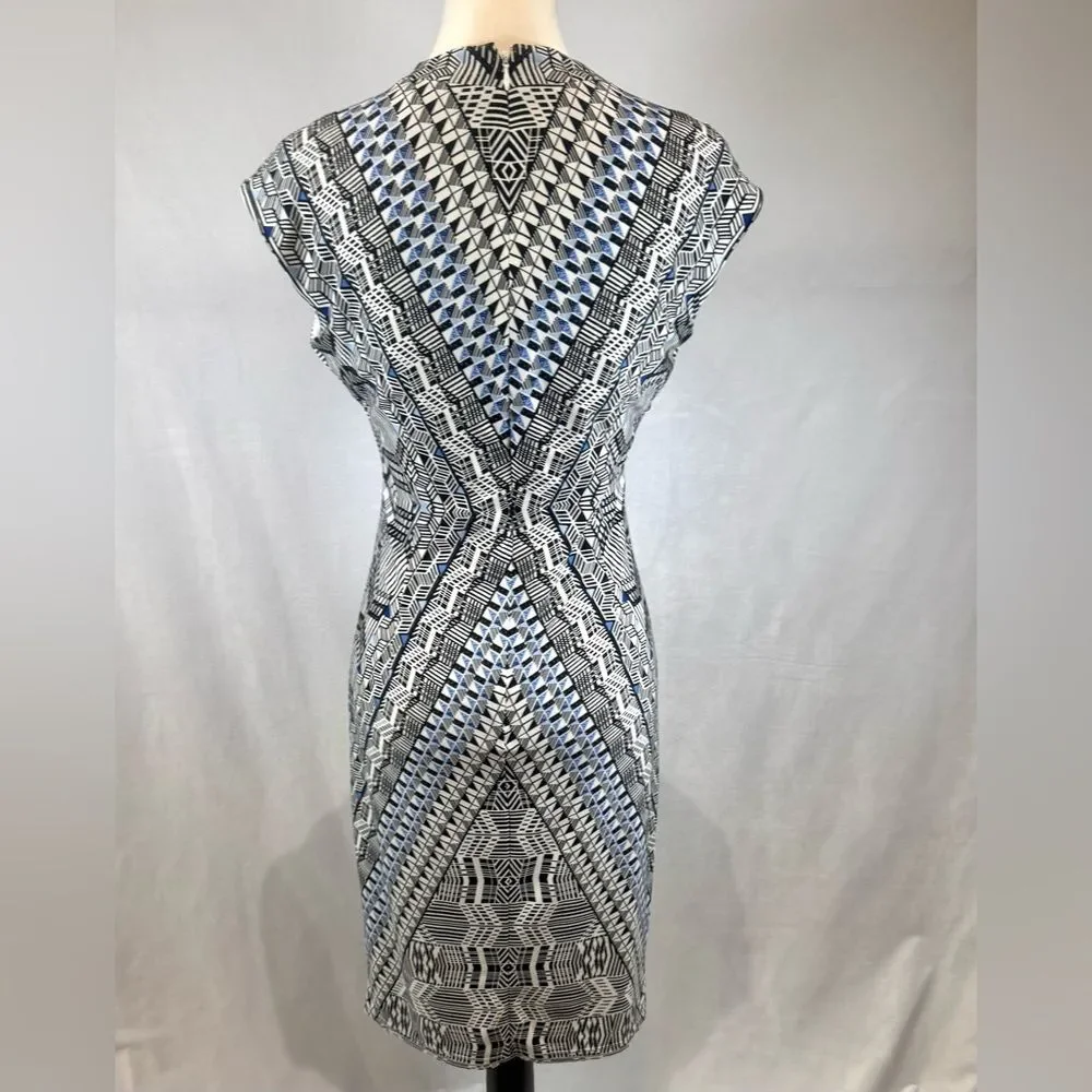 White House Black Market black white & blue geometric print sheath dress size 4